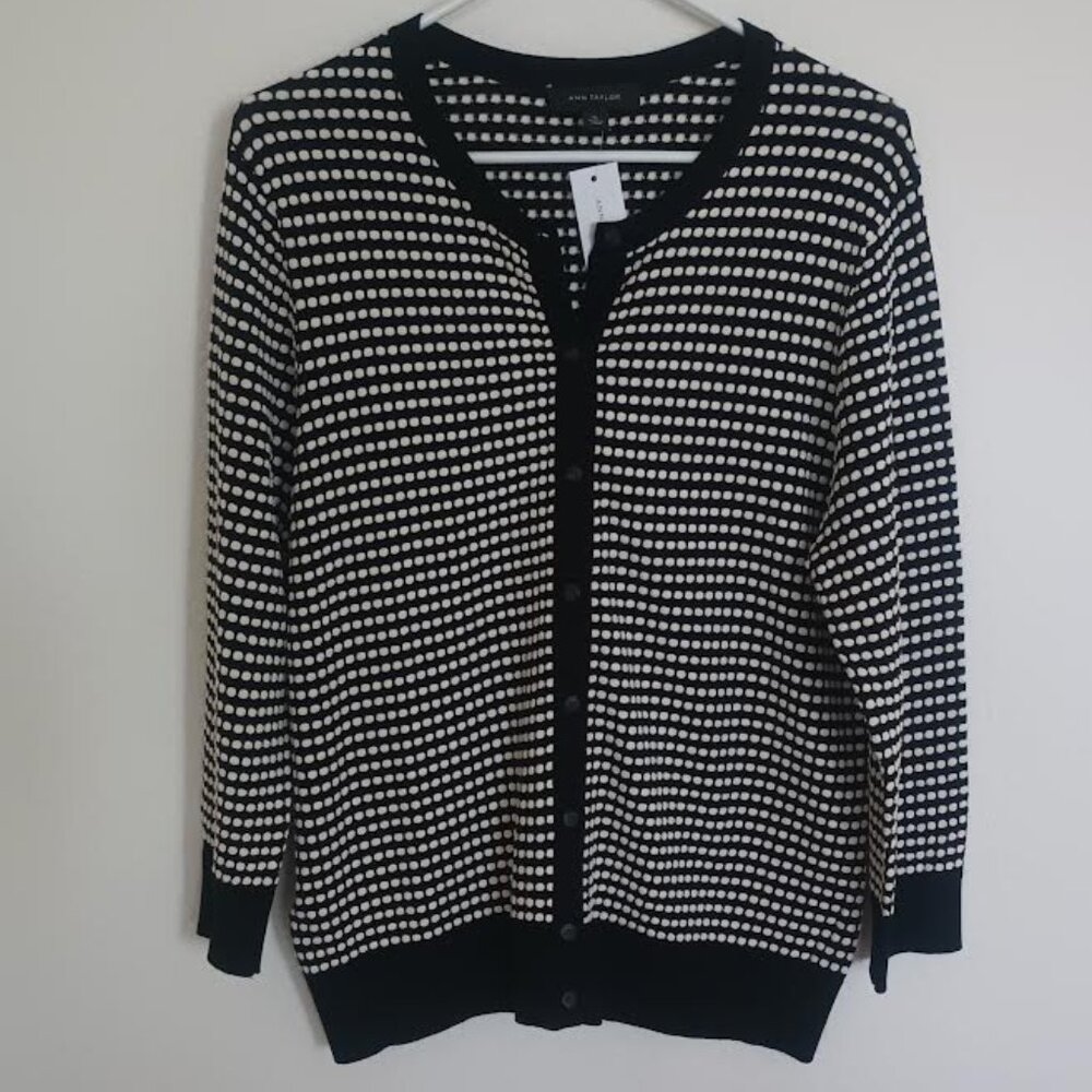 ANN TAYLOR WOMEN'S CARDIGAN SWEATER BLACK CREAM CIRCLES 3/4 SLEEVE SIZE XL NWT